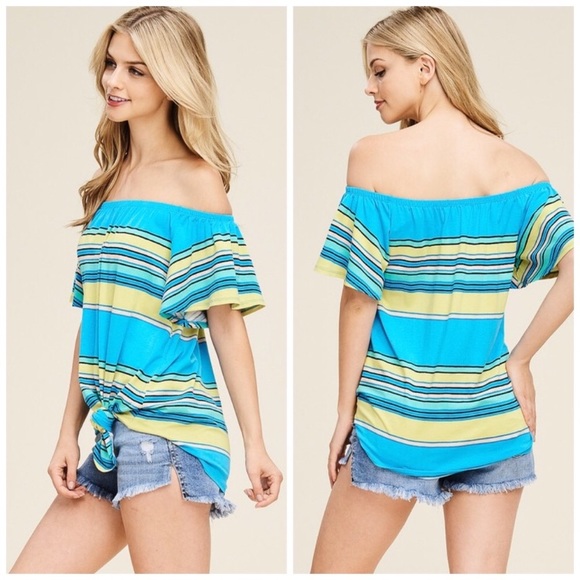 🛍On/Off Shoulder Ruffle Front Tie Striped Top! - Picture 5 of 6